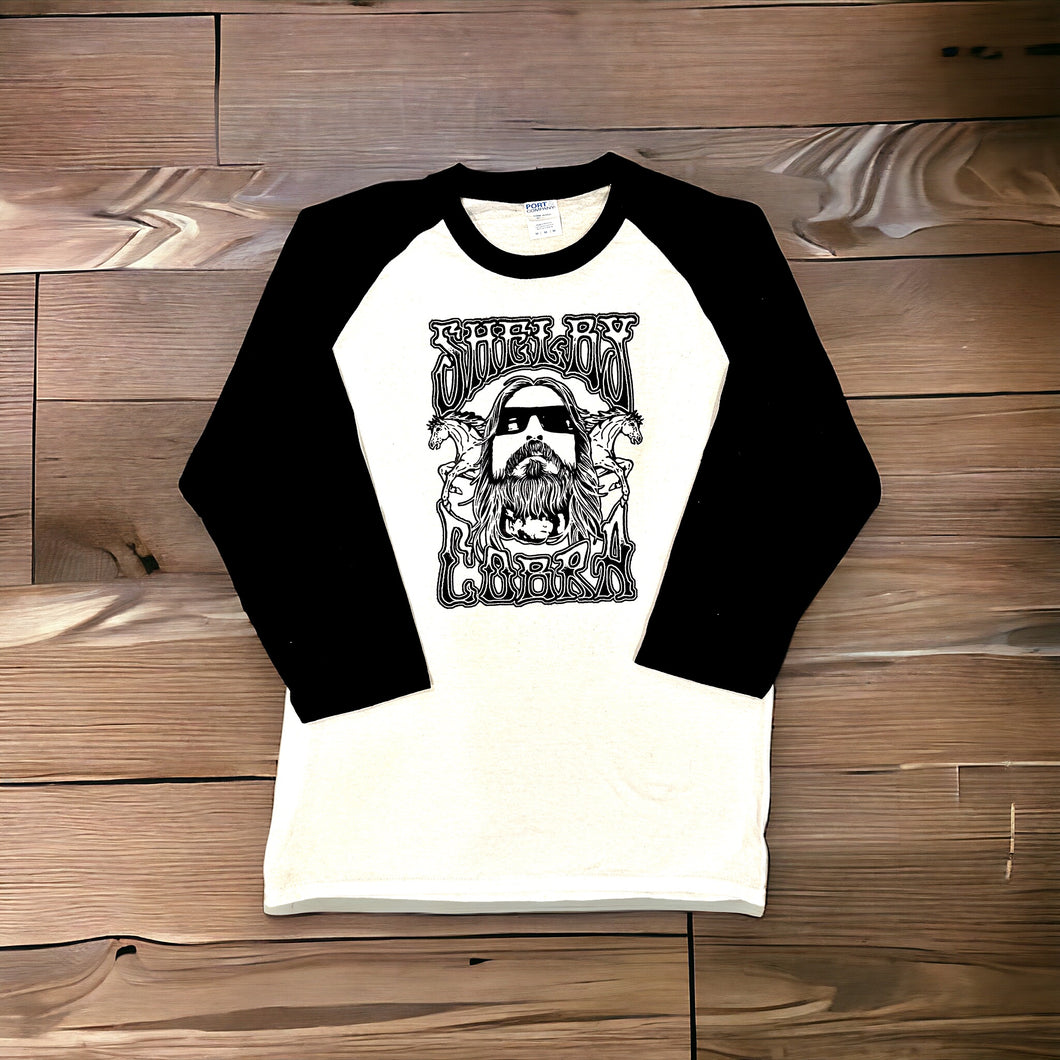 Mustangs - “Shelby Head” - White/Black Raglan Baseball Tee